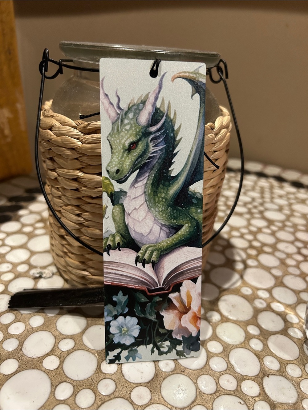 Green Dragon Acrylic Bookmark with Floral Art